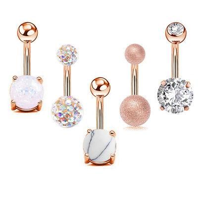 5PCS Belly Button Rings Stainless Steel 14G CZ Opal Navel Rings Barbells Studs Women Girls Body Piercing Jewelry (Silver, Rose gold)