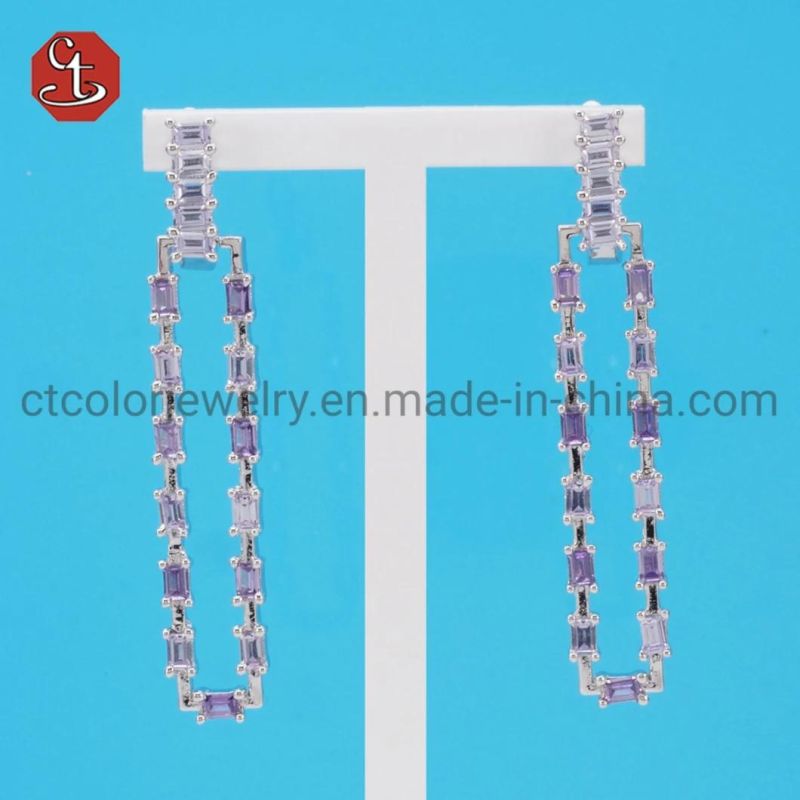 Women Popular Baguette TP CZ Stone SQ Long Brass & Silver Jewelry Dangle Earring