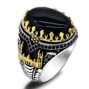 Mens Ring Black Stone S925 Sterling Silver Ring with Black Agate Stone for Men 18K Gold Plated King&prime; S Ring