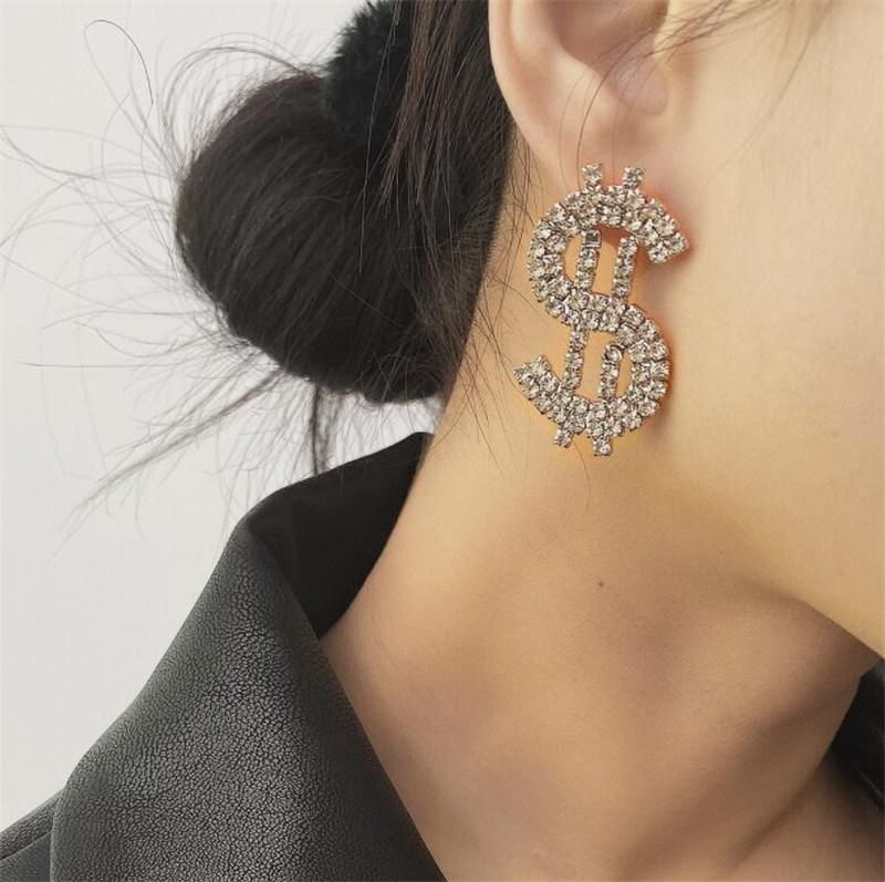 Fashion Elegant Woman Earrings Jewellery Dollar Sign Design Diamond Gilded Pendant Engagement Earrings