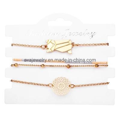 Fashion Jewelry Gold Multi-Layer Alloy Bracelet with Hollowed-out Pattern and Cat Charm