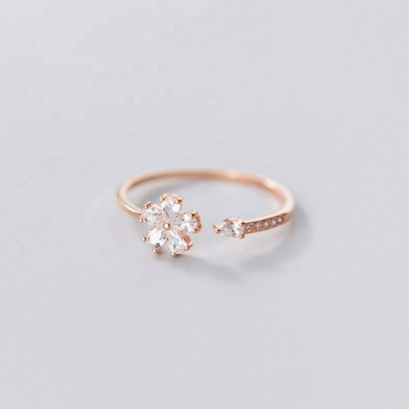 925 Sterling Silver Ring Flower with Zircon Adjustable Finger Ring Women Fashion Wedding Party Jewelry Gift