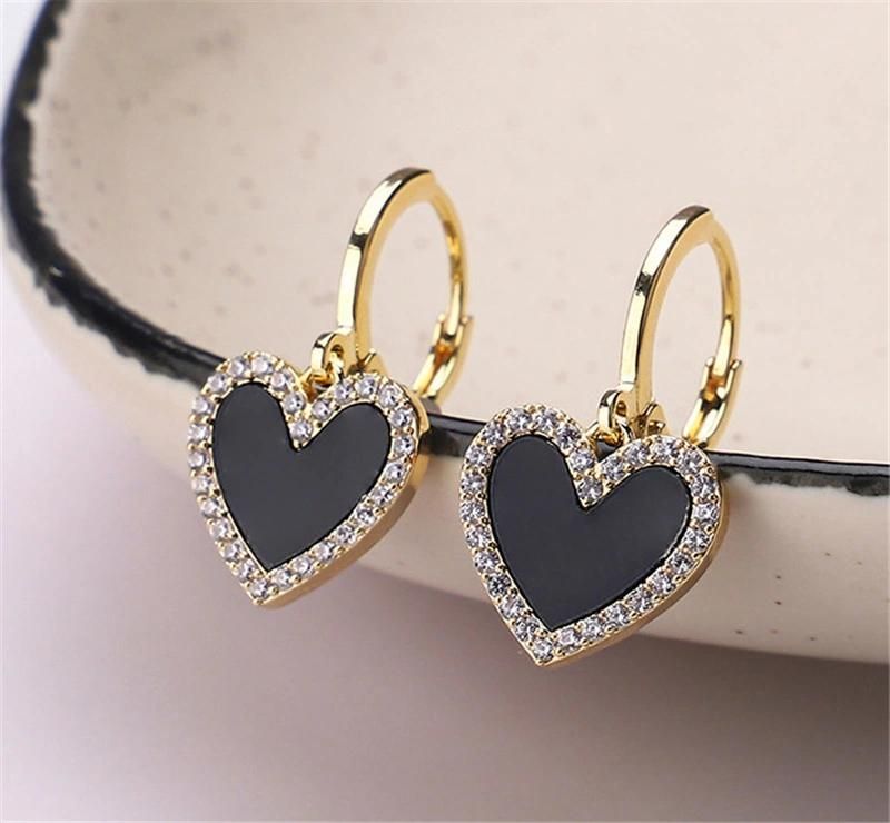 Black Epoxy Enamel Pave Crystal Glass Stones Heart Shape Huggie Earrings for Lady Women Accessories