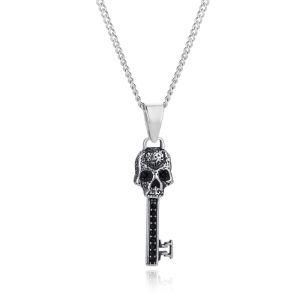 Stainless Steel Diamond Skull Key Pendant Necklace