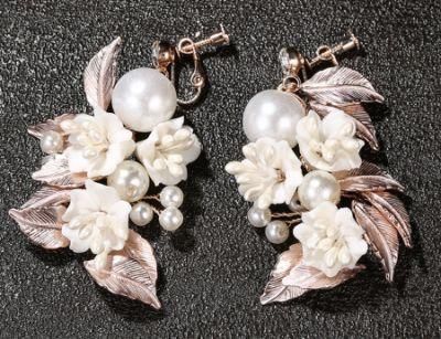 Rose Gold Pearl Leaf Shape Crystal Earring Jewelry. Wedding Bridal Ceramic Flower Earrings for Brides