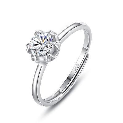 25 Sterling Silver Ring Six Claw Crystal Adjustable Ring Women Light Luxury Engagement Wedding Jewelry