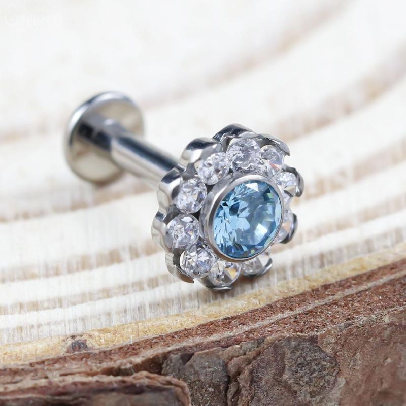 Eternal Metal ASTM F136 Titanium Blue CZ and Clear CZ Internally Threaded Labret Body Piercing