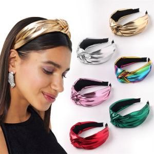 2021 New Bright Colour Bow Knot Shiny PU Headband Solid Color Face Washing Headband