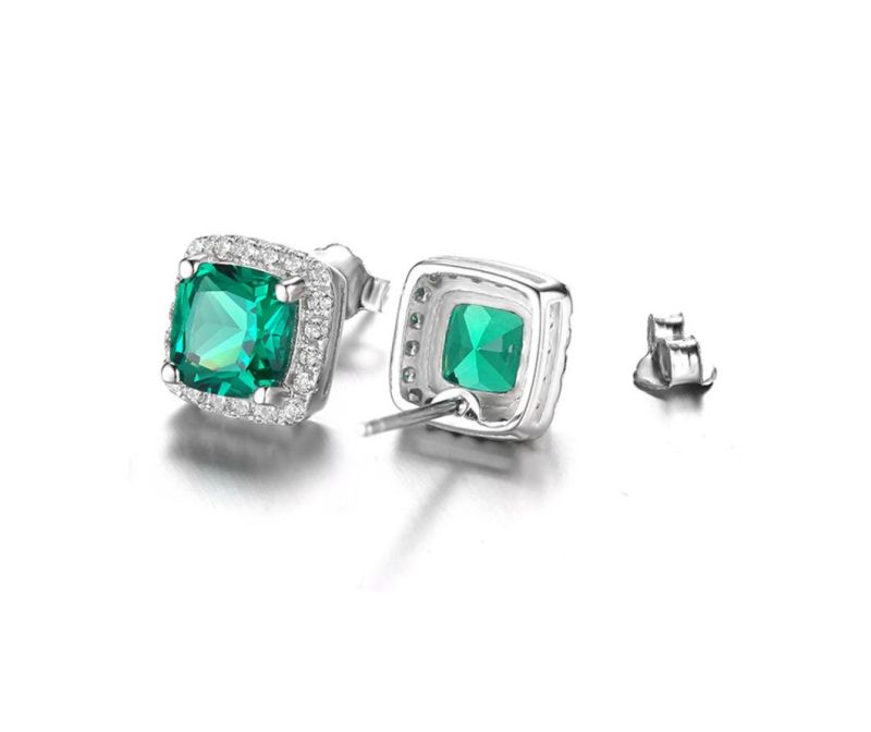 Created Emerald Halo Stud Earrings Solid 925 Sterling Silver Earring Fine Jewelry