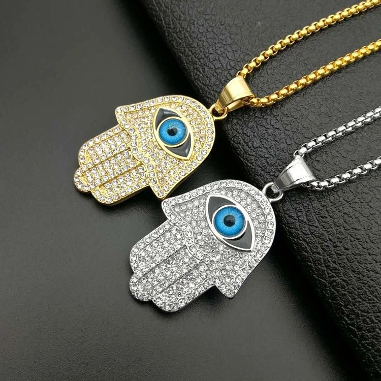 Titanium Steel Gilted Blue Eye Fatima Hand Pendant Necklace