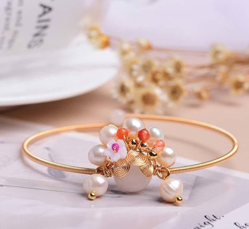 Fashion Design 14K Gold Plated Hand-Made Bangle Pearl Crystal Bracelet