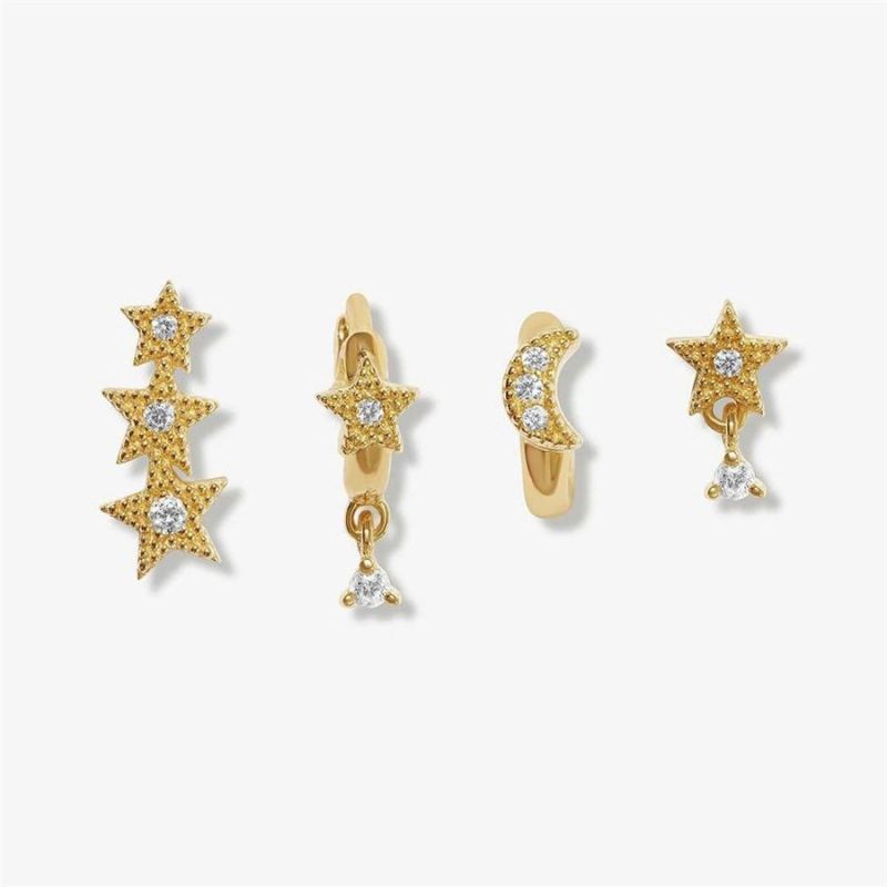 Shiny Gold Mini Crystal Cubic Zircon Ear Cuff Moon Star Earring Set in 18K Gold Sterling Silver for Women Lady Fashion Accessories
