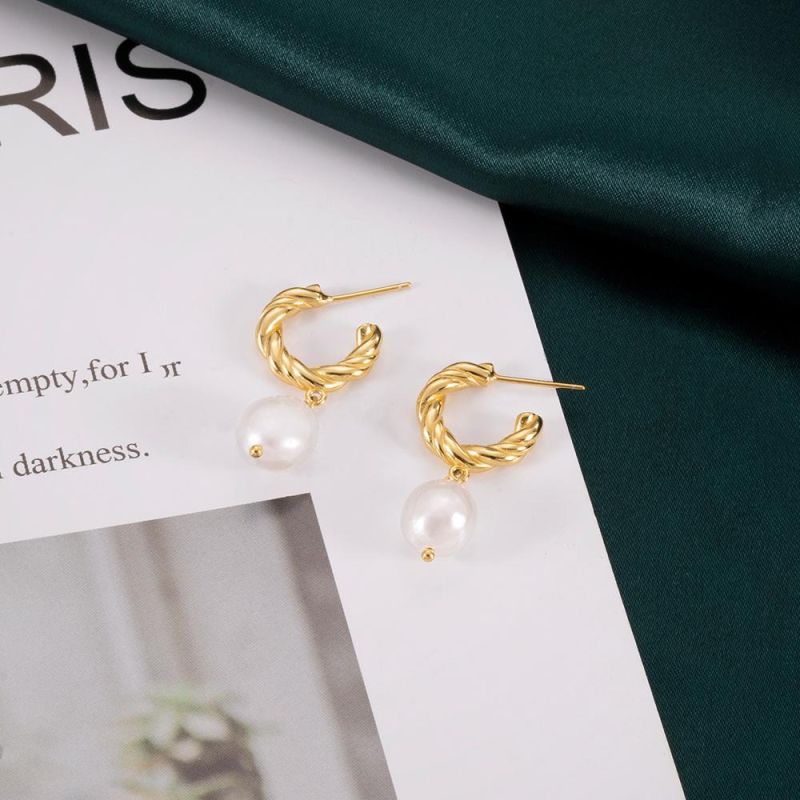New Fashion 18K Gold Plated Drop Earing Jewelry 925 Sterling Silver Irregular Freshwater Baroque Pearls Hoop Earrings for Women