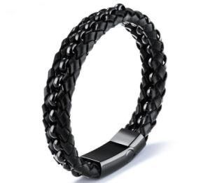 New Fashion Jewelry Black Braided Leather Bracelet Men Stainless Steel Bracelets Bangles De Couro Pulseirs Masculinos