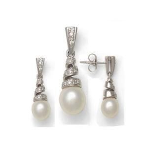 Solid 925 Sterling Silver Pearl Earring Pendant Necklace Jewelry Set
