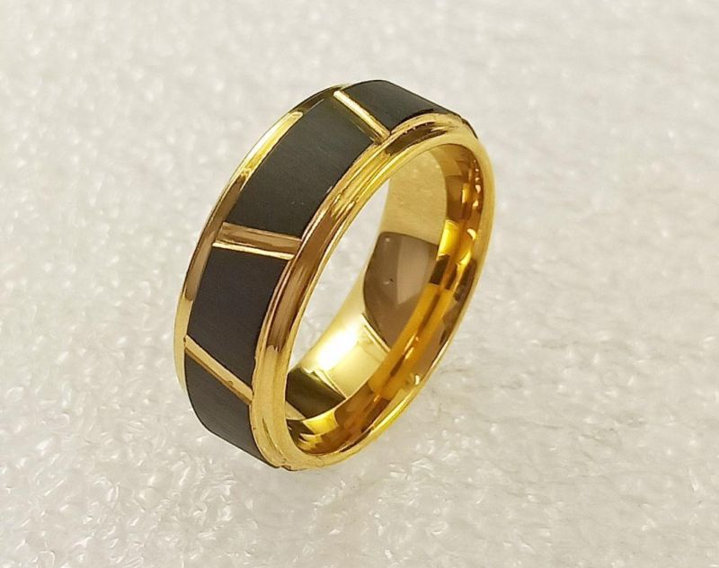 Manufacturers of Tungsten Jewelry Custom-Made Wholesale Black Gold Men′ S Tungsten Fashion Ring Tstr088