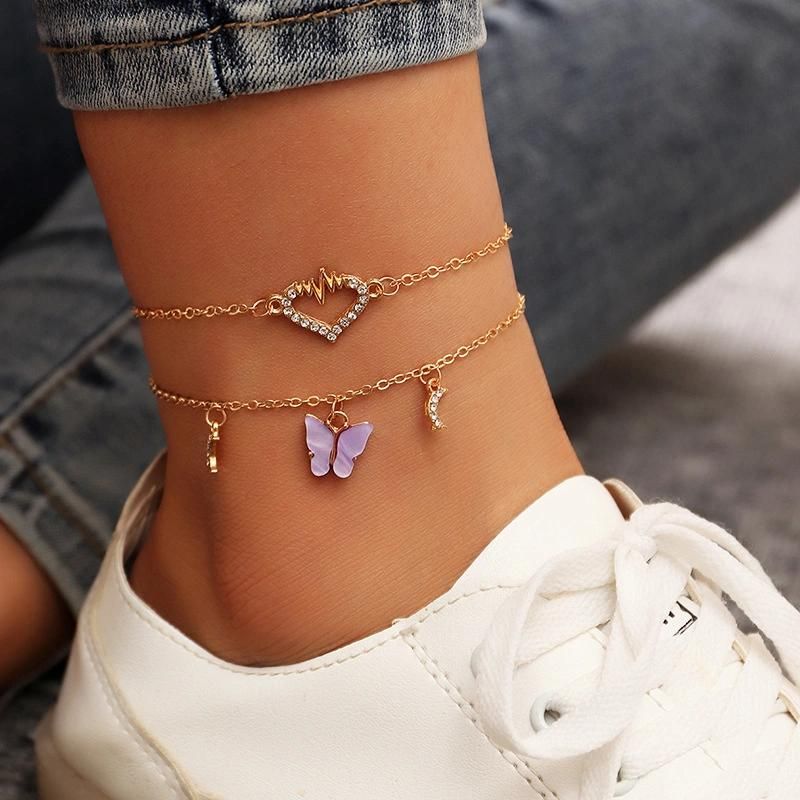 European and American Personality Diamond Love Anklets Foot Jewelry Peach Heart Acrylic Butterfly Anklet Women