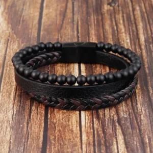 Titanium Steel Jewelry Natural Volcanic Stone Multi-Layer Leather Bracelet Stainless Steel Braided Leather Men&prime;s Bracelet