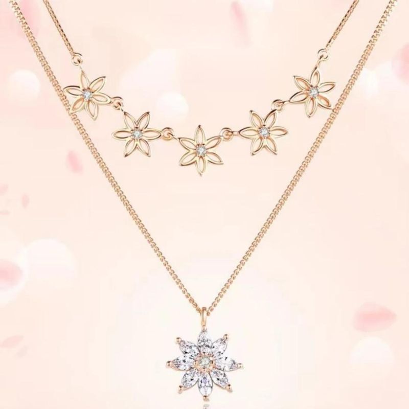 925 Silver Multi-Layered Flower Necklace CZ Pendant Jewelry, Double Layered Sakura Chain Necklace Jewelry for Women and Girls