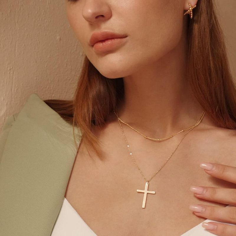 Trendy Custom Minimalist Classic Women Gifts 925 Sterling Silver 18K Gold Plated Cross Double Layered Pendant Necklace Jewelry