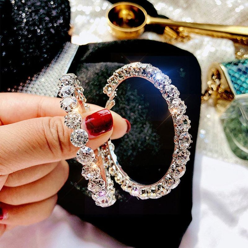 925 Sterling Silver Post 5.5cm Big Circle Shiny CZ Crystal Hoop Earrings Rhinestone Hoop Earrings