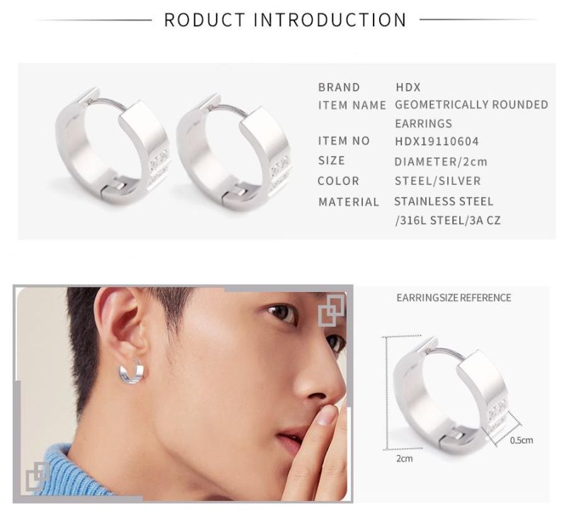 Men Fashion Stainless Steel Jewelry CZ Stone Hoop Earrings