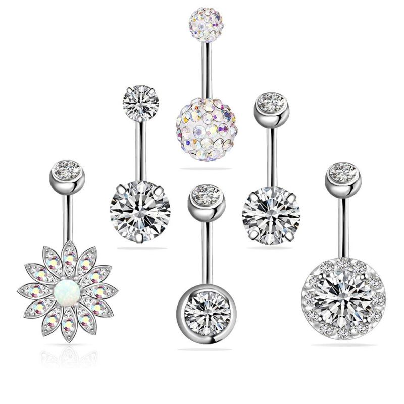 6PCS 14G Belly Button Rings Surgical Steel Navel Ring Barbell for Women Girls Body Piercing Jewelry Rose Gold Silver