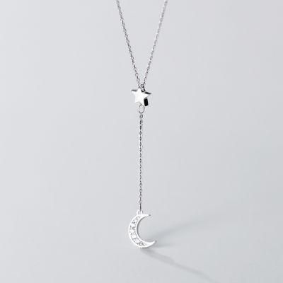 925 Sterling Silver Moon Star Zircon Y Style Pendant Necklace for Women Girls Light Luxury Party Jewelry Gift