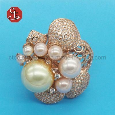 Luxury Cubic Zirconia Pearl Jewelry Shiny CZ Champagne Pink Shell Pearl Rings Temperament Jewelry