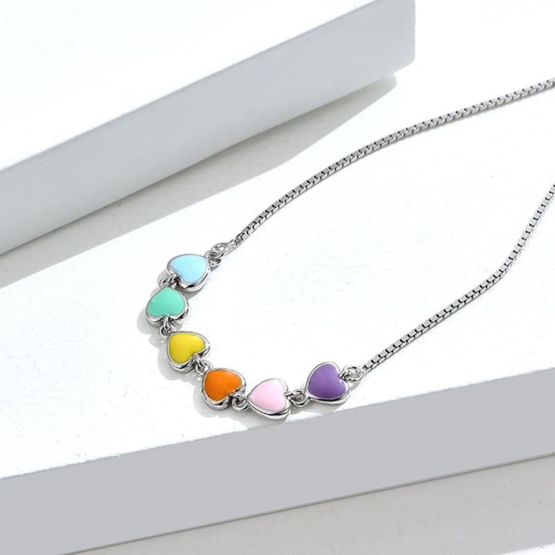 925 Sterling Silver Rainbow Heart Bracelet Heart-Shaped Girls Bracelet