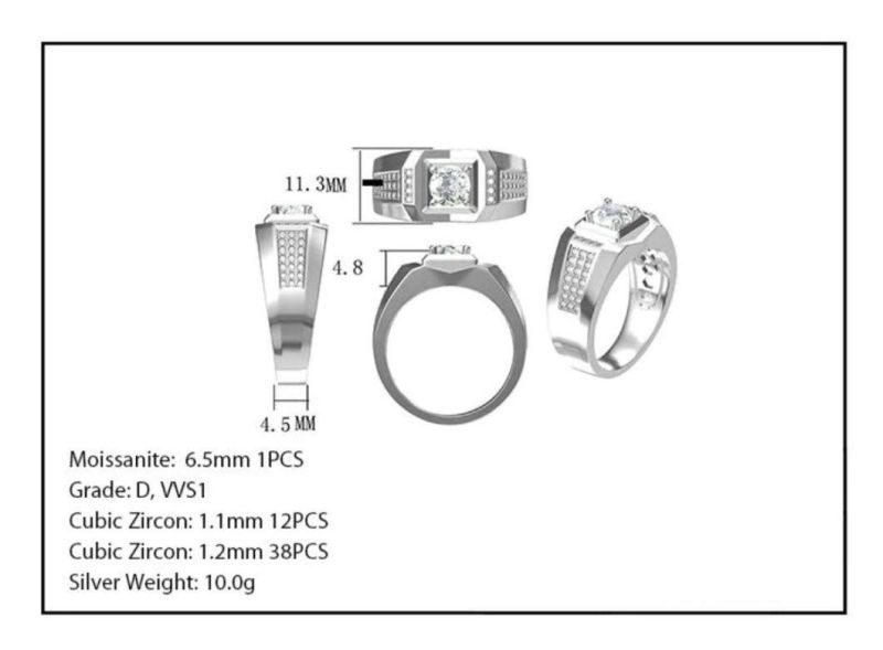 925 Sterling Silver Classic 1.0CT Moissanite Men′s Ring D Color Round Cut Engagement Anniversary Ring for Men Birthday Gift