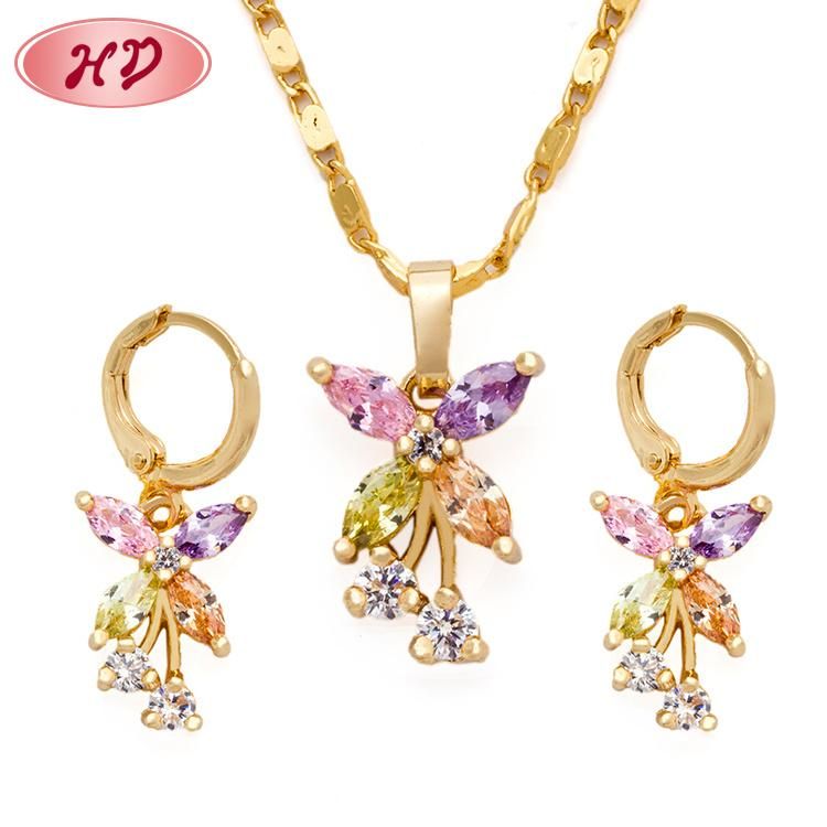 2020 Arabic Fashion Colorful Zircon Stone 18K Gold Plated Costume Wedding Jewelry Set for Women