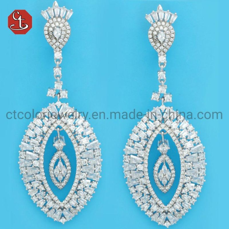 Big Rhodium Plated Fashion Silver Hollow Inside Oval Shape Baguette TP Stone Micro Pave CZ Stud Earrings for Women