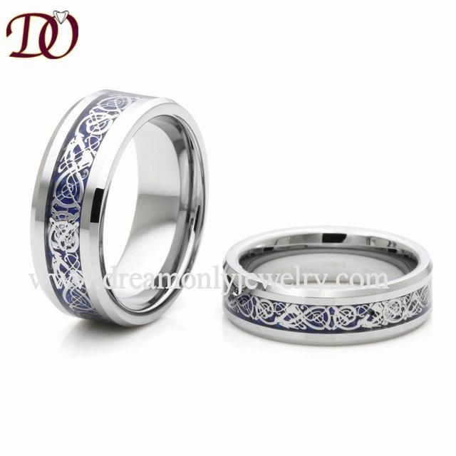 Hot Sale Tungsten Ring Silver Wedding Band with Dark Blue Carbon Fiber and Silver Dragon Inlay