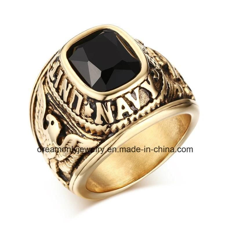 Cheap Wholesale Gold Plated Stainless Steel Black Stone Jewelry Men Rings