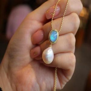 Vintage Style Fresh Water Baroque Pearl Blue Opal Colorful Stone Tassel Texture 925 Silver Gold Opal Pendant Necklace for Women