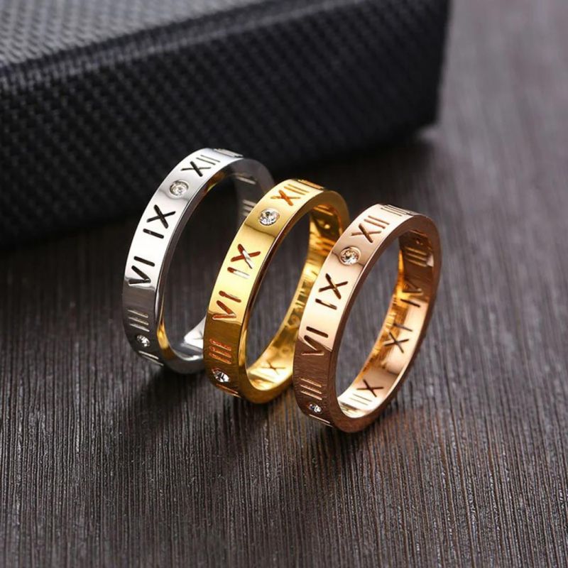 Fashion Jewelry Creative Stainless Steel Roman Numerals Diamond Couple Ring Titanium Steel 18K Rose Gold Finger Ring SSR2062