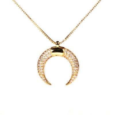 High Quality Zircon Crescent Moon Pendant Brass Color Crystal Moon Necklace