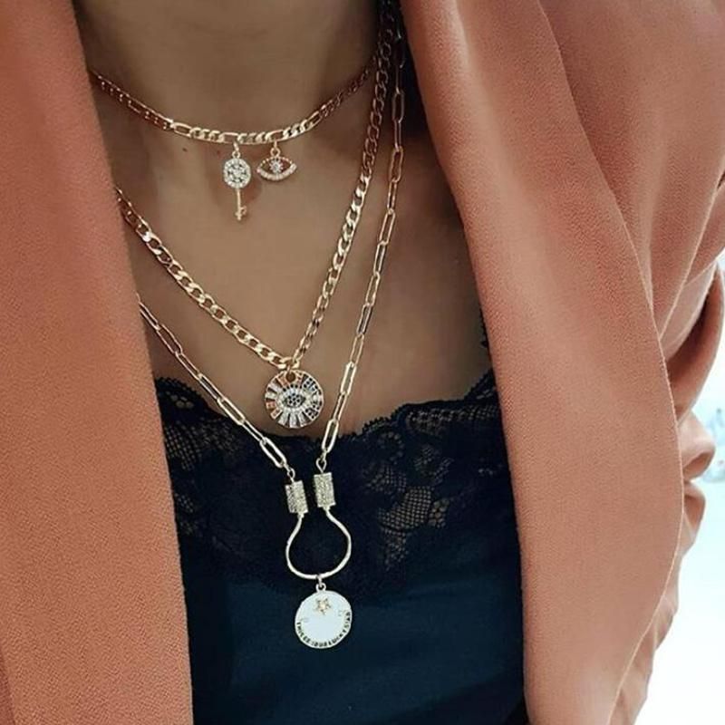 Gold Plating Fashion Devil Eye Star Key Pendants Necklaces for Lady Vintage Personality Necklace Sets Jewelry