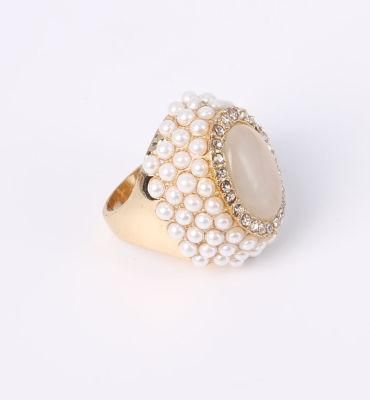 Cat Eye and Small Plastic Pearl Fashion Ring Gold Plated