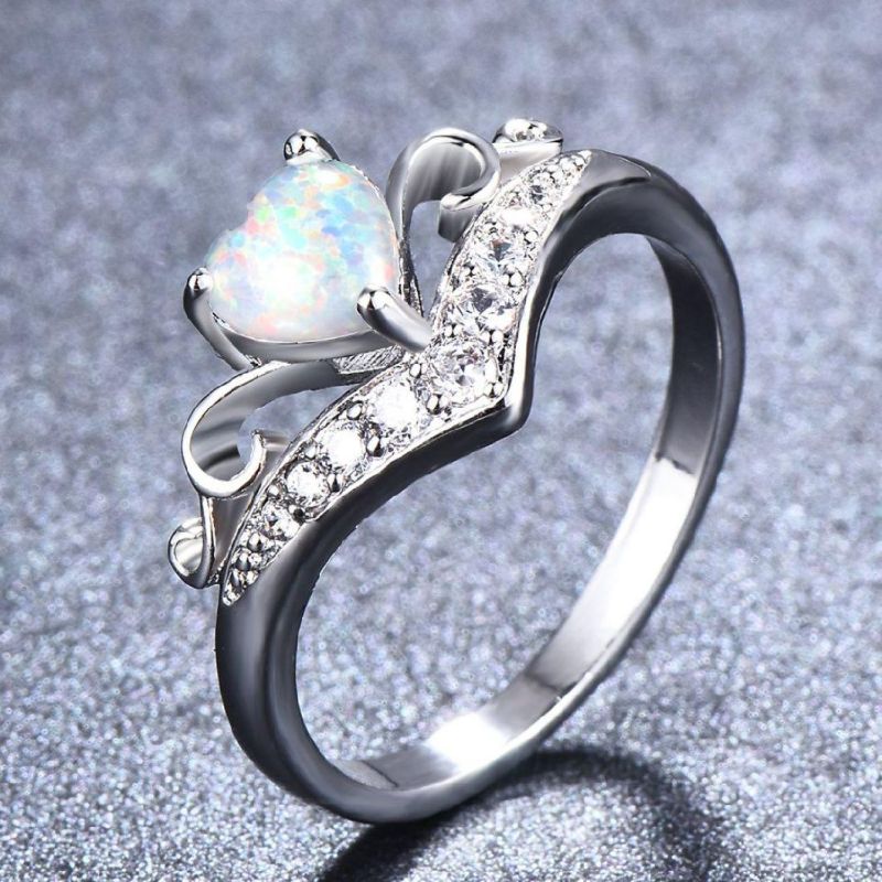 Fashion Design Sterling Silver 925 V Shape Heart Opal Simple Wedding Rings