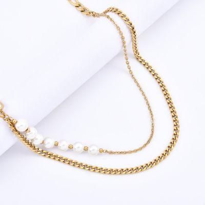 Unique Piece with Freshwater Pearl and Chain Link Toggle Necklace Stainless Steel 18K Gold Plated for Ladies