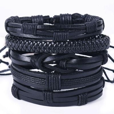 Europe and America Simple Retro 5 Pieces Bracelet DIY Woven Cowhide Bracelet Punk Bracelet Men&prime; S Hemp Rope Leather Bracelet