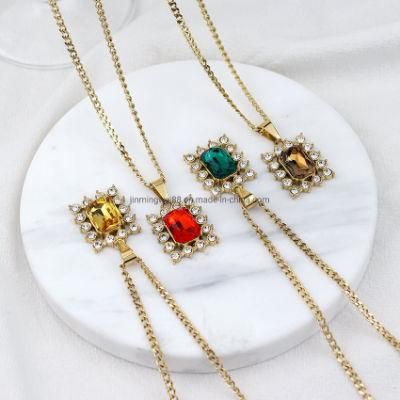 Custom High-End Luxury Hardware Stainless Steel Necklace Four Color Gem Necklace