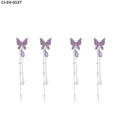 925 Silver Earrings Needle Women High Sense Crystal Purple/Colorful White Sparkling Butterfly Tassel Diamond Long Earrings