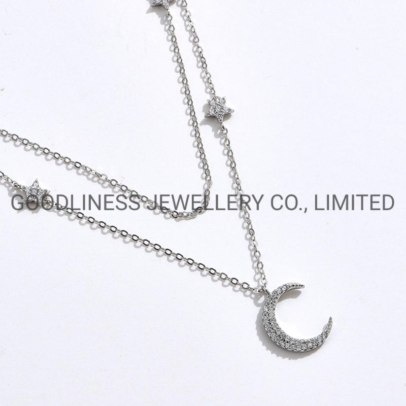 Fine 925 Sterling Silver Moon and Star Multi-Layer Necklace