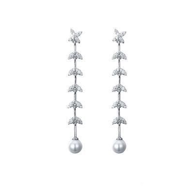 925 Silver or Brass Long Fashion Pearl Earrings for Wedding