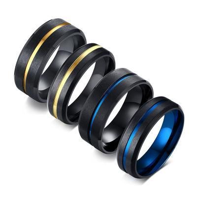 Men&prime;s Rings Wholesale6 mm Stainless Steel Surface Drawing Black Blue Ring