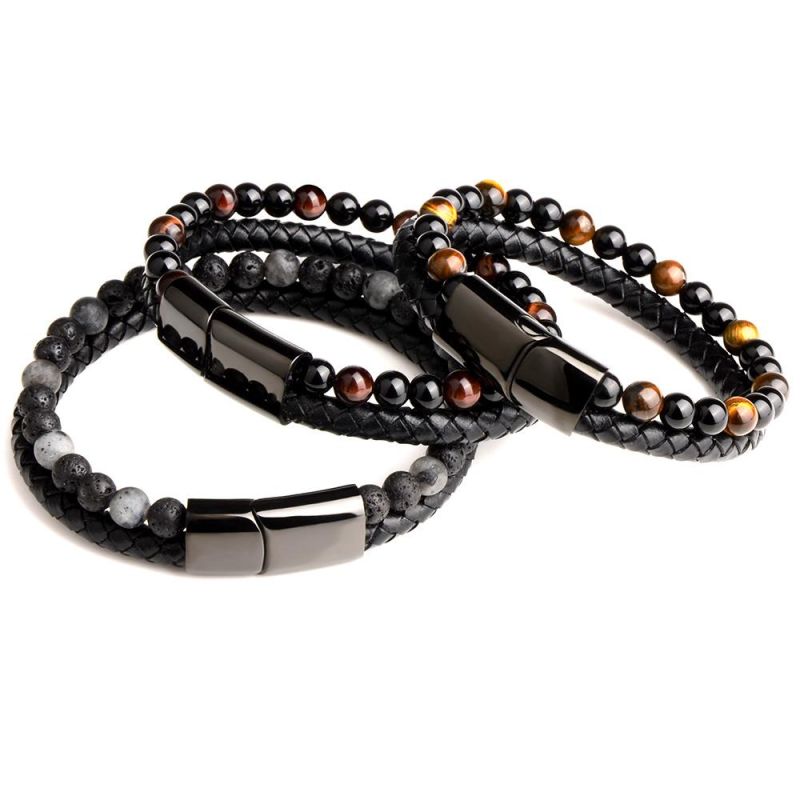 Men Stainless Steel Clasp Punk Leather Braided Beads Bracelet Jewellery