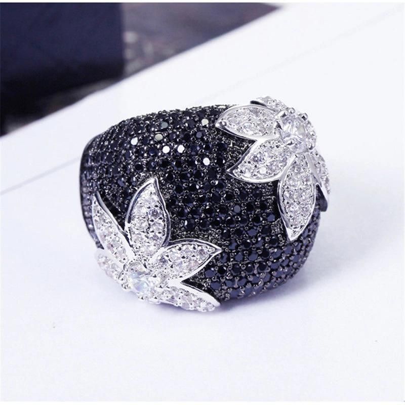 Vintage Exaggerated Flower Micro-Inlaid Zircon Ring Female Full Black Crystal Rings